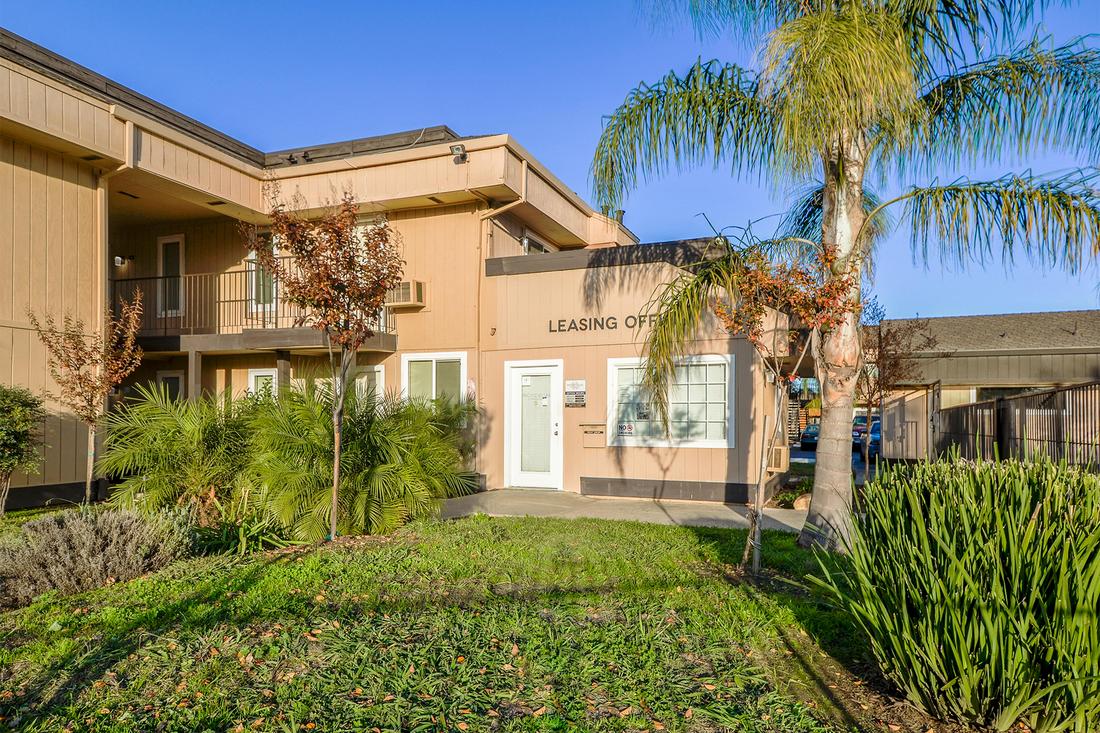 an apartment building with a palm tree in front of it.